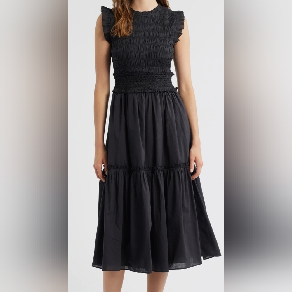 Rails Tilda Smocked Midi Dress Women's Small Black Sleeveless Tiered Cotton Lyoc